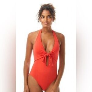 Vince Camuto Knot-Front Halter One-Piece Swimsuit Color Poppy Size 14